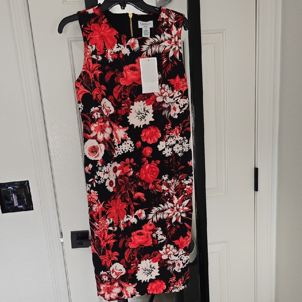 Connected Apparel Black and Red Floral Midi Dress Sz 8 Nwt